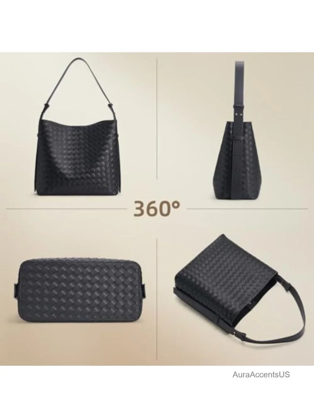 Large Woven Tote Bag with Adjustable Strap, Multi-Pockets, PU Leather, Work